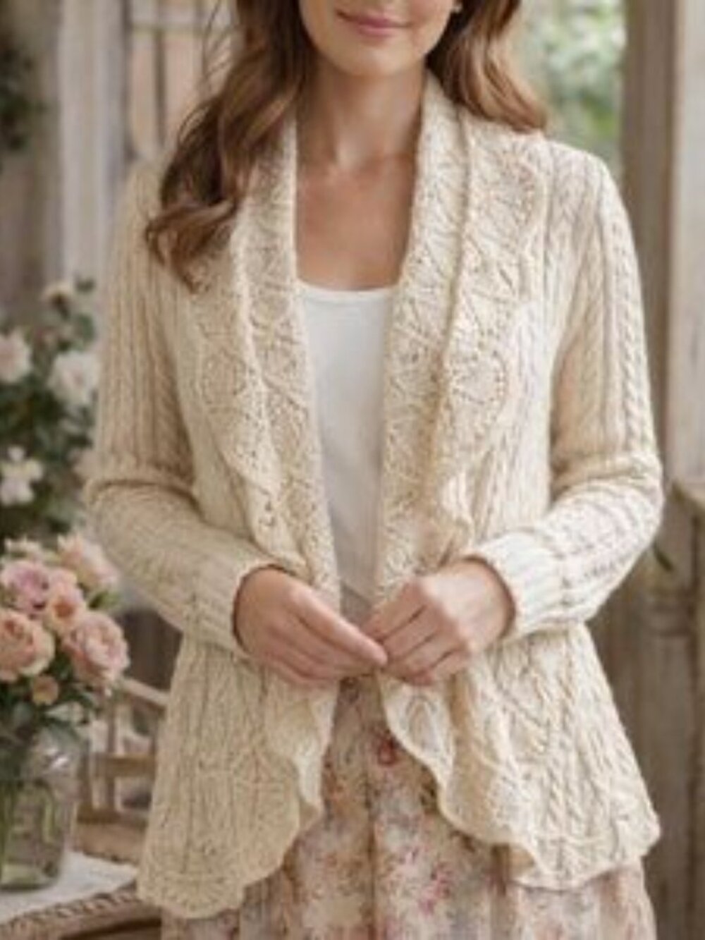 Ralph Lauren Boho Cable Knit Open Cardigan Elegant Cream Sweater Size PL